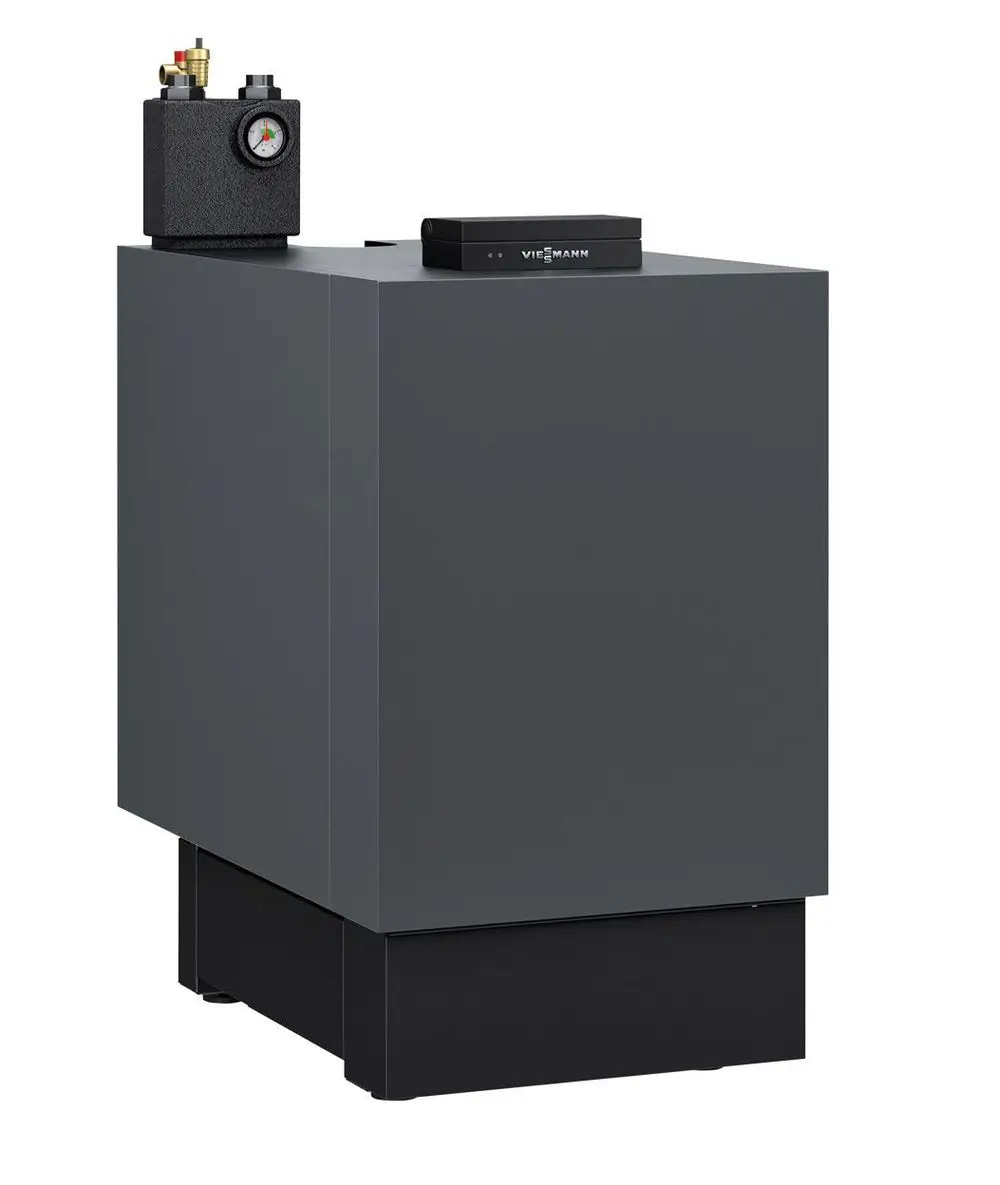 Viessmann Heizgerät in graphitgrauem Gehäuse mit Druckmanometer und Steuergerät auf der Oberseite, auf einem stabilen Sockel montiert.